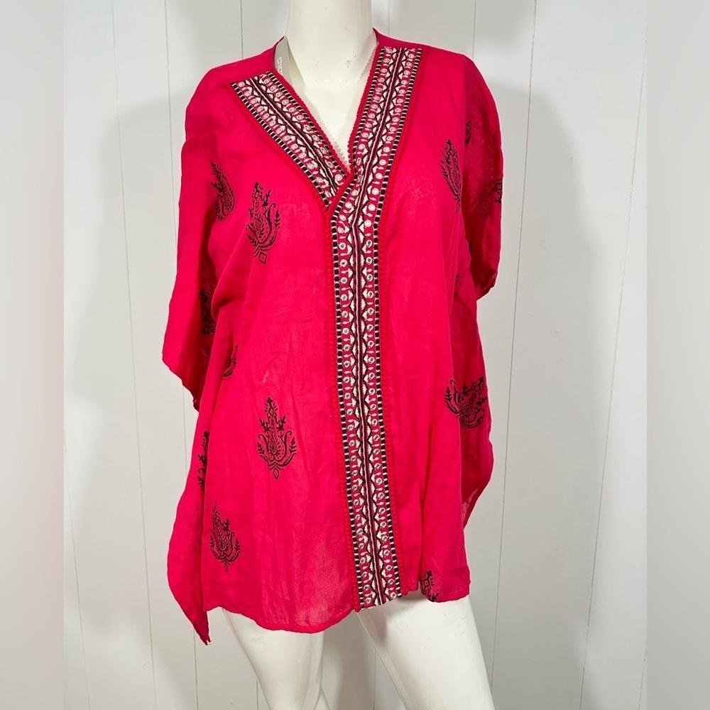 NWT Chico's Women’s Mirror Trim Poncho Tribal V Neck Size S/M Maraschino Cherry